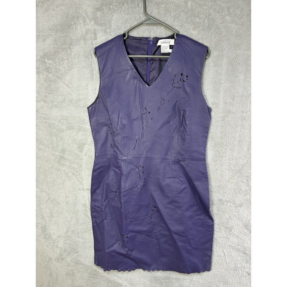 Styleworks Newport News Women's Purple Leather Dress Size 12 Sleeveless V-Neck